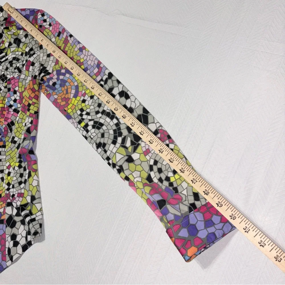 Carmen Marc Valvo Mosaic Print Button Front Blouse Stretch Long Sleeve Size Med - Picture 7 of 8